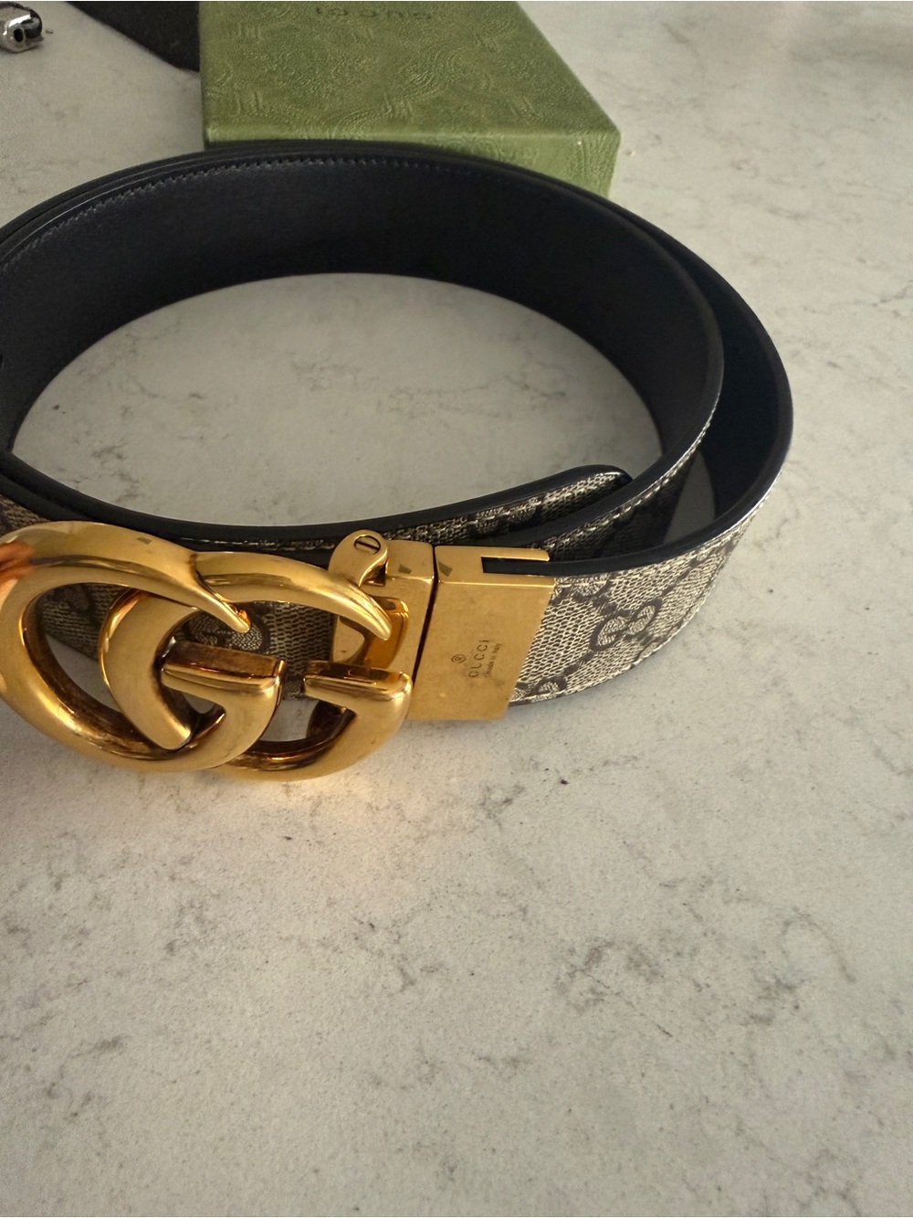 Gucci Beige Monogram with Black Reversible Leather Belt and Gold Double G Buckle